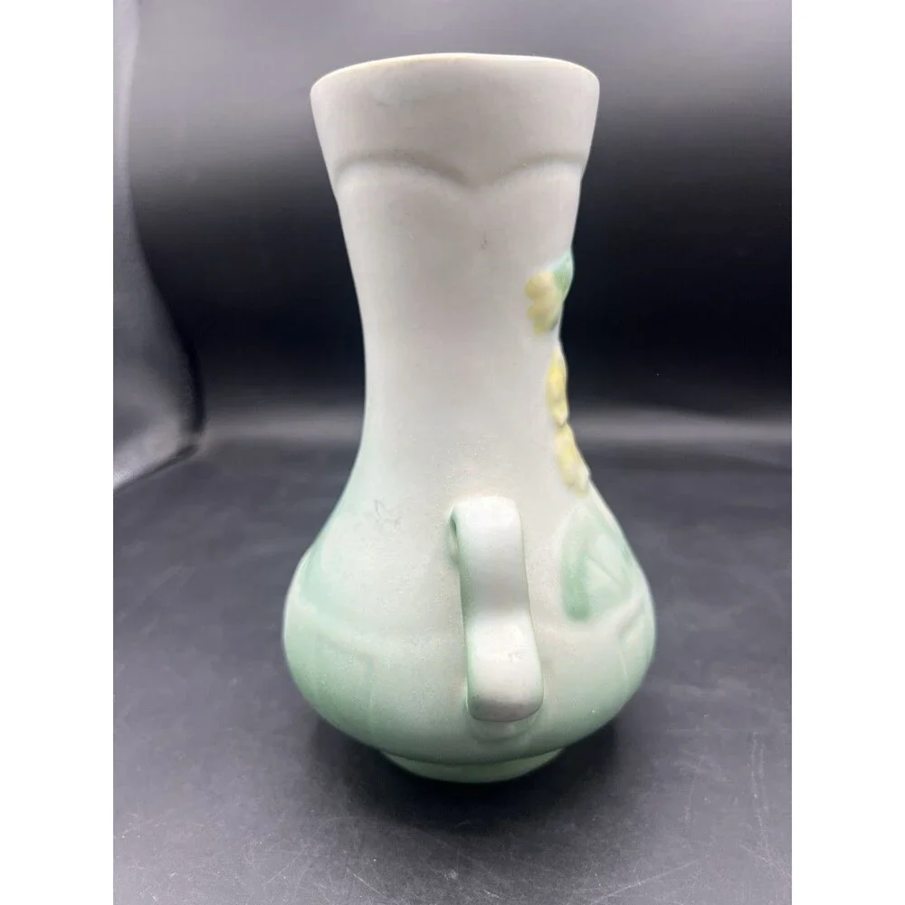 Vintage Weller Panella Double Handle Pansy Art Pottery Vase Green 6.5” USA